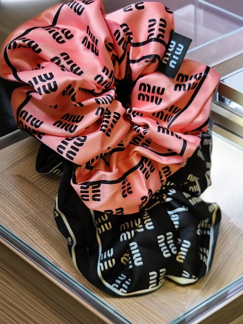 Miu Miu Pink and Black Logo Silk Scrunchie Duo